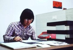 Daniel Weetaluktuk in Makivik’s office, Inukjuak, 1979 or 1980