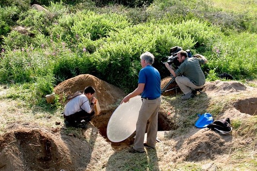 Joshua Sala being interviewed for a Découverte documentary by a CBC television crew