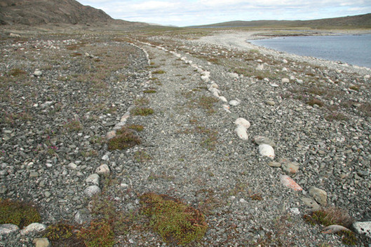 Chemin aménagé entre l’emplacement des bâtiments du poste de traite de la Compagnie de la baie d’Hudson, île Cape Smith, été 2010.