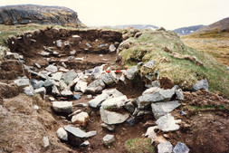 Couloir d’entrée et plate-forme de couchage en cours de fouille, structure 1 (qarmat), 1988