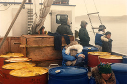 Travelling to site JcDe-1 aboard the Kangiqsualujjuaq boat, 1988
